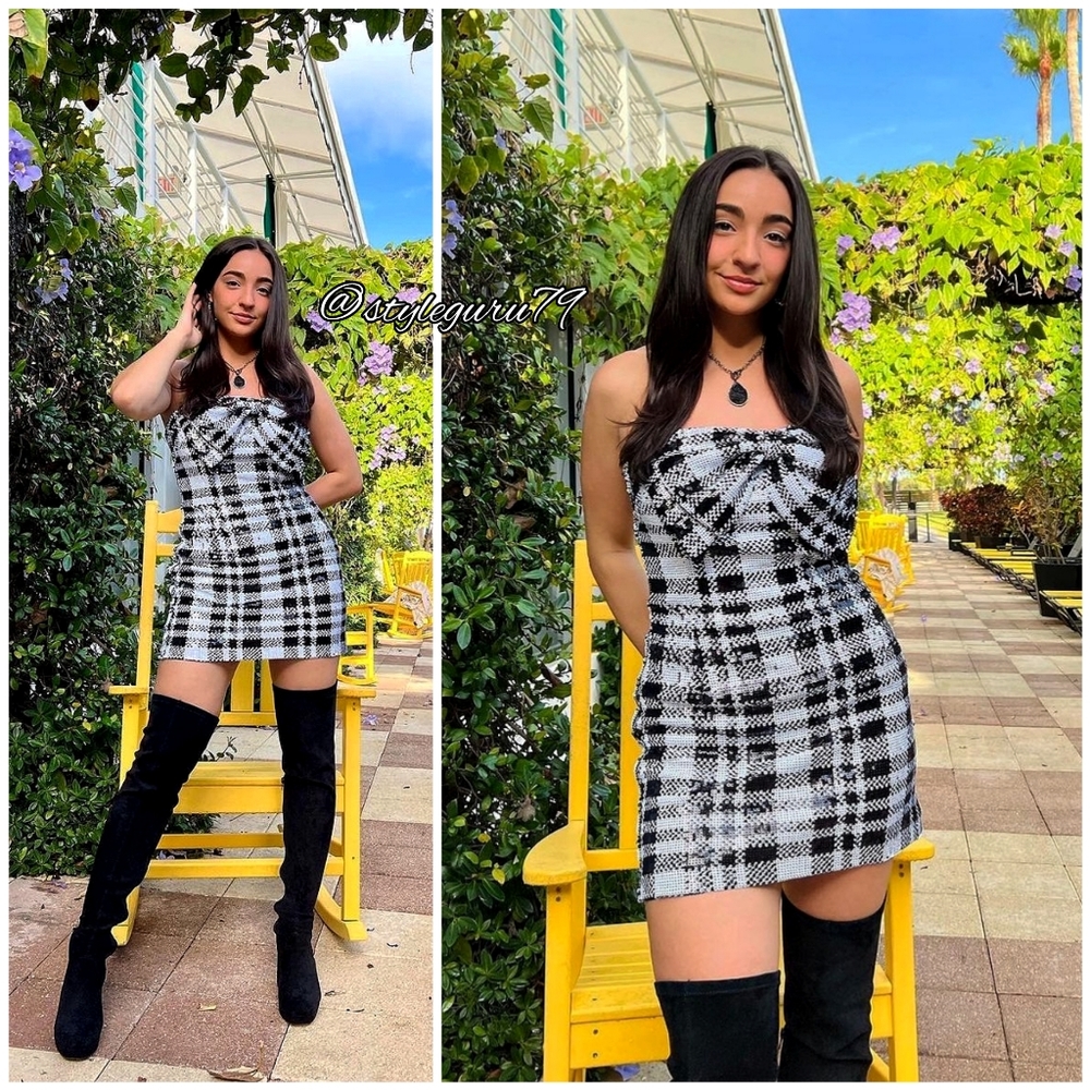 Anthropologie, Eva Franco Sequined Bow Front Plaid Mini Dress In Black And White